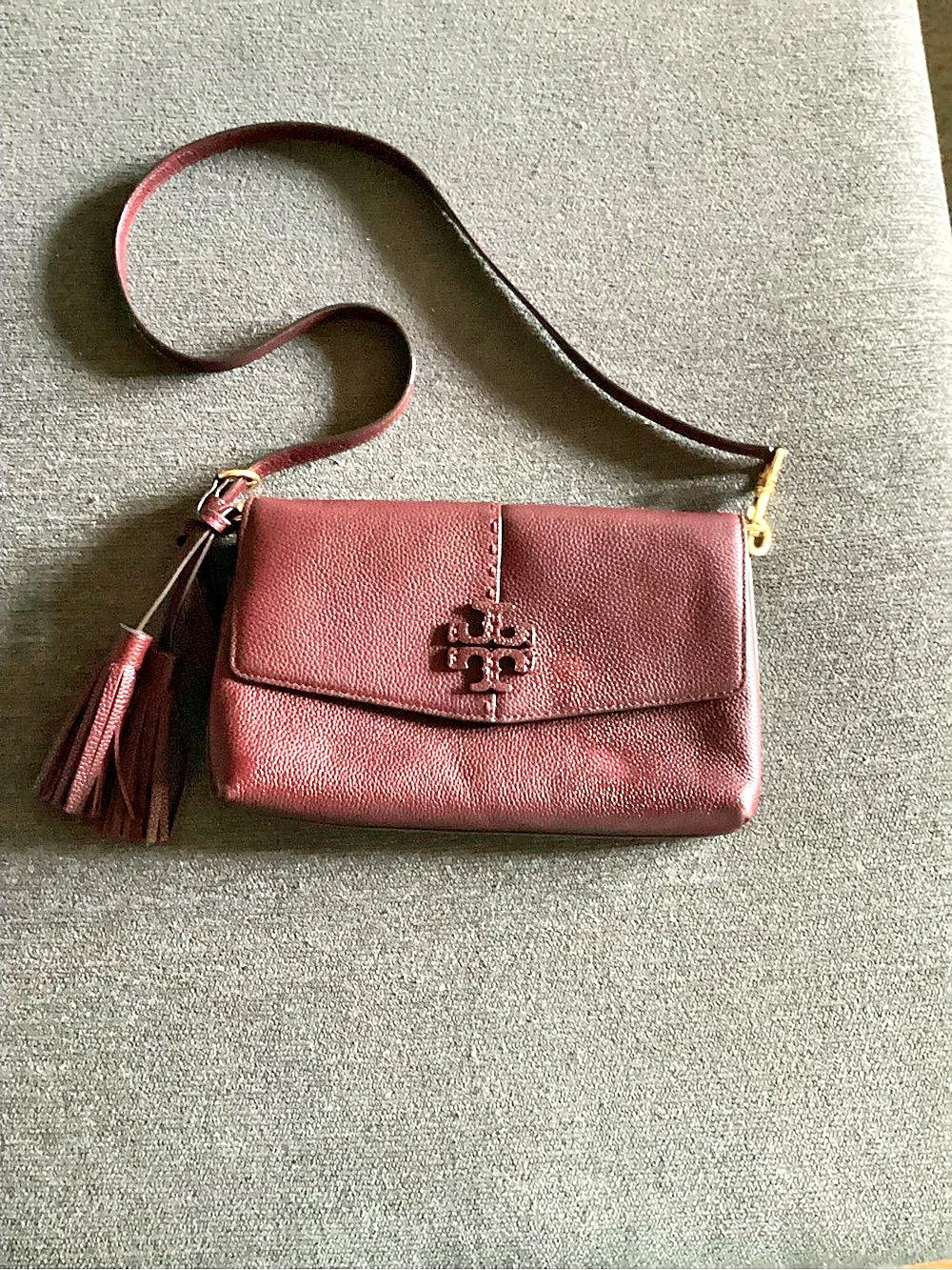 Tory Burch Leather Tassel Crossbody Bag Burgundy